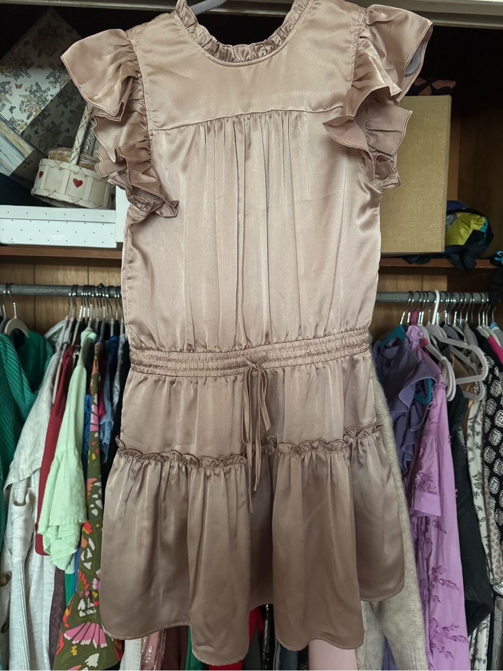 Pinch Satin Ruffle Mini Dress in light brown